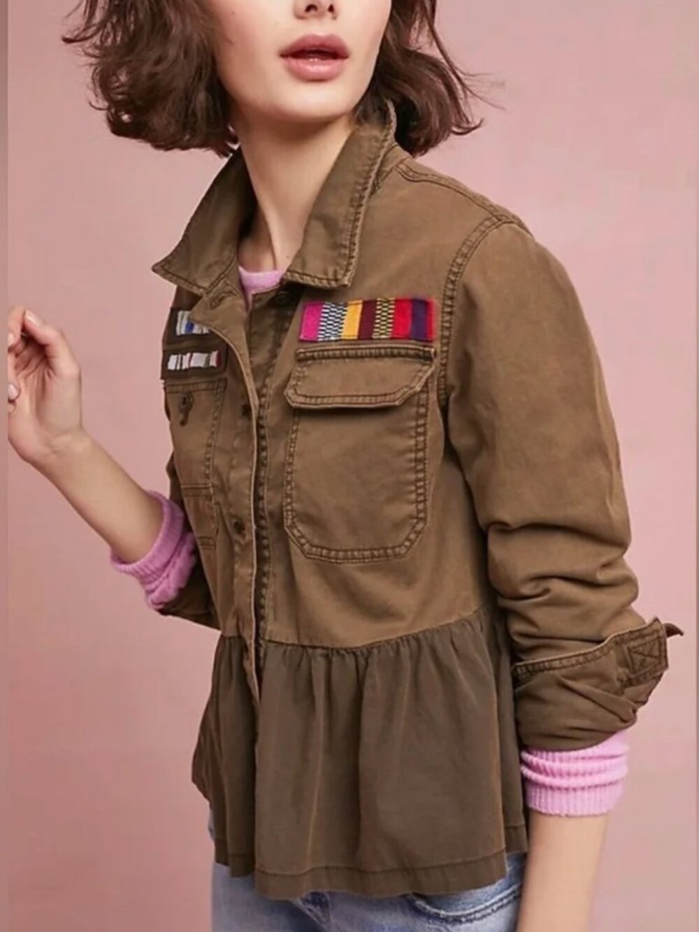 Anthropologie Olive Utility Jacket Peplum Military Jacket Size Small